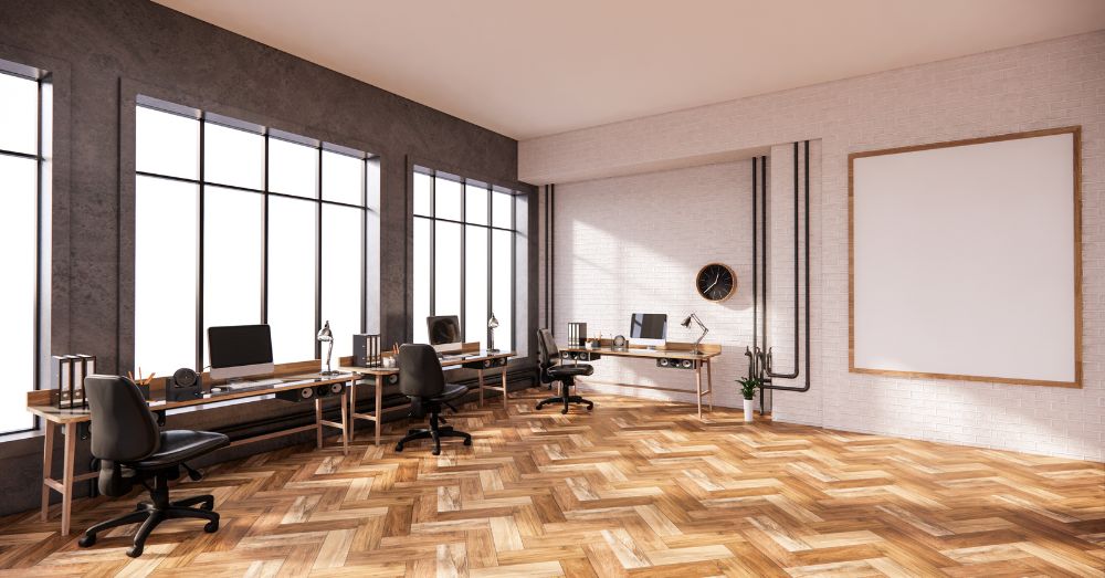 Modern office with wood floors, brick wall; feng shui office.