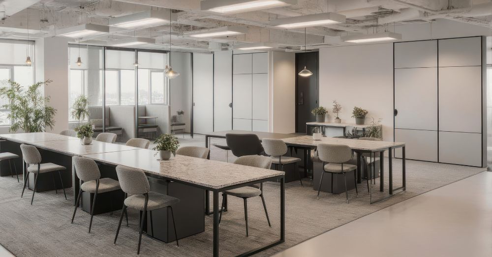 Modern, neutral collaboration space; simple feng shui office.