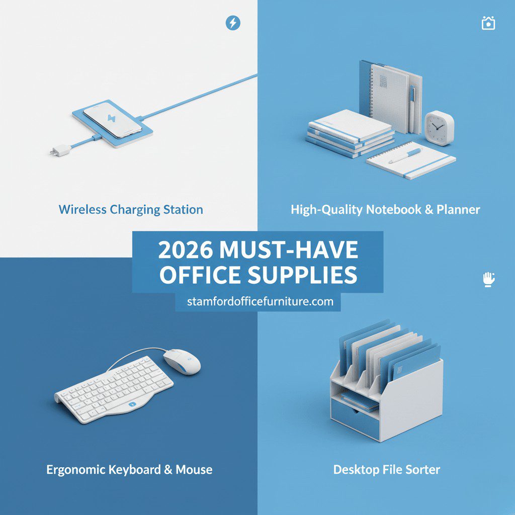 A four-panel infographic titled "2026 Must-Have Office Supplies" by Stamford Office Furniture featuring: 1) a sleek Wireless Charging Station, 2) a High-Quality Notebook and Planner set, 3) an Ergonomic Keyboard and Mouse, and 4) a modular Desktop File Sorter with light blue accents.