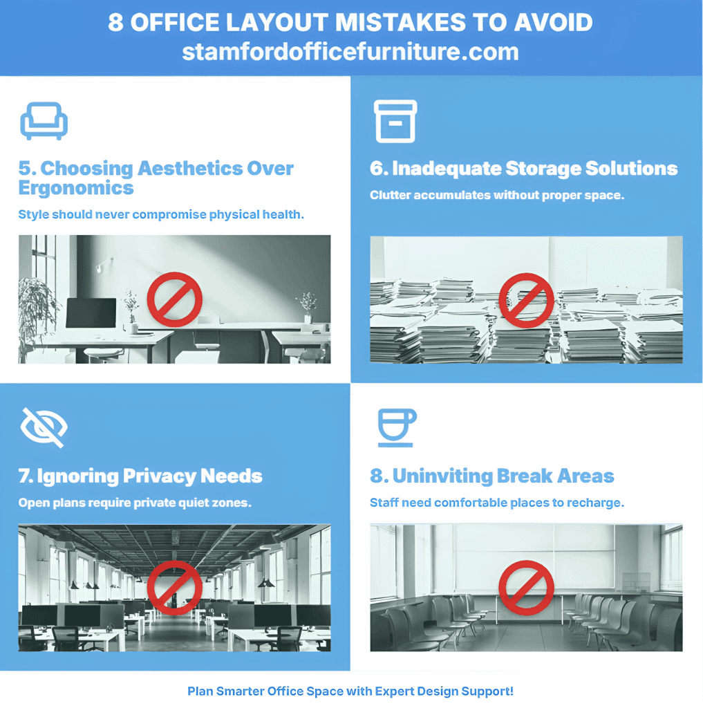 An infographic titled '8 Office Layout Mistakes to Avoid' featuring points 5 through 8: Choosing Aesthetics Over Ergonomics, Inadequate Storage Solutions, Ignoring Privacy Needs, and Uninviting Break Areas. Each section includes a descriptive icon and a red 'prohibited' symbol over a photo illustrating the mistake.