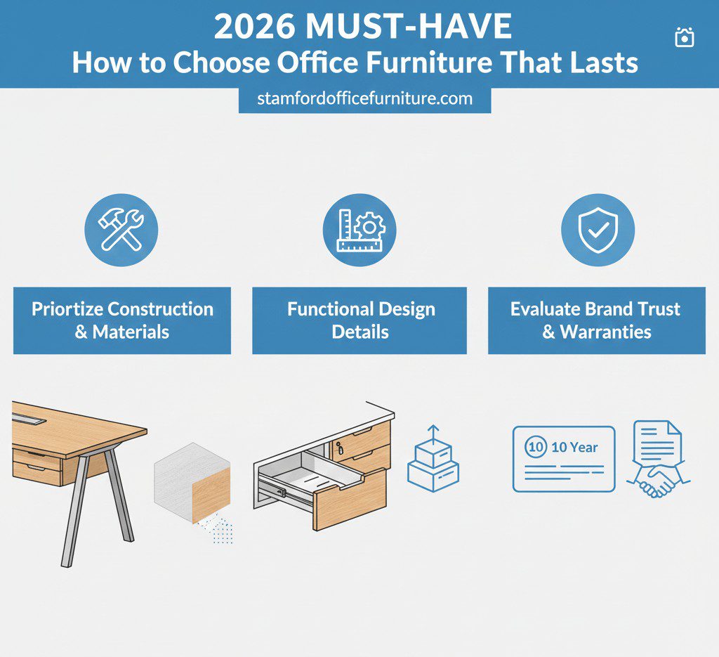 An infographic by Stamford Office Furniture titled "How to Choose Office Furniture That Lasts" for 2026. It features three key criteria: 1) Prioritize Construction & Materials with an icon of tools and a wooden desk, 2) Functional Design Details showing smooth-gliding drawers, and 3) Evaluate Brand Trust & Warranties with a 10-year warranty seal and a handshake icon.