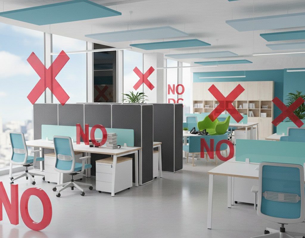 A modern open-plan office with blue and white furniture, featuring large red 'X' and 'NO' symbols overlaid to represent common design mistakes.