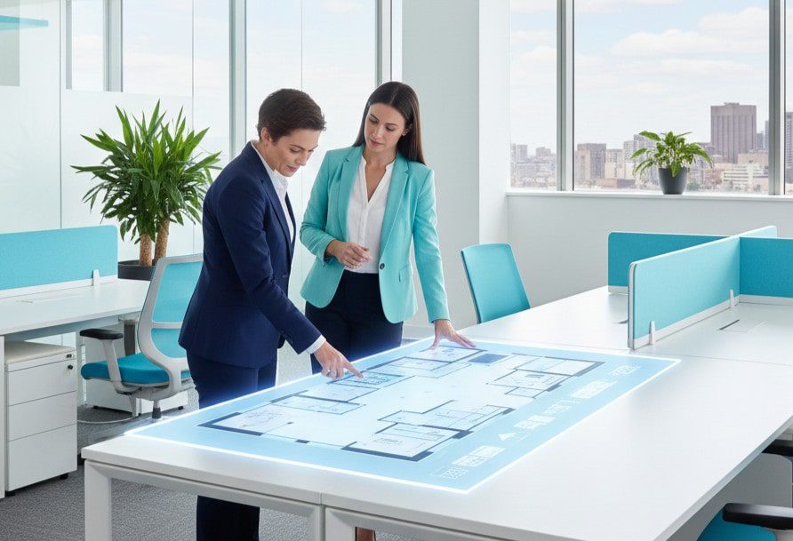 Two professional women in business attire reviewing a glowing digital architectural floor plan on a modern white desk in a bright, contemporary office setting.
