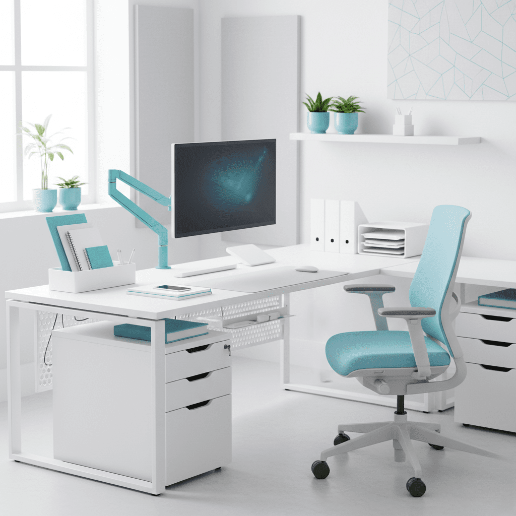 A modern, ergonomic home office in 2026 featuring a white L-shaped desk with a light blue ergonomic chair. The setup includes a monitor on a teal adjustable arm, a modular desk organizer, a wireless charging station, and neat cable management in a bright, minimalist room.