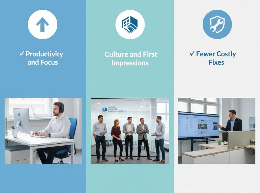 An infographic divided into three vertical sections illustrating the benefits of office layout: 'Productivity and Focus' with a man working at a desk, 'Culture and First Impressions' showing a team collaborating in a modern space, and 'Fewer Costly Fixes' featuring a professional presenting on a large screen.