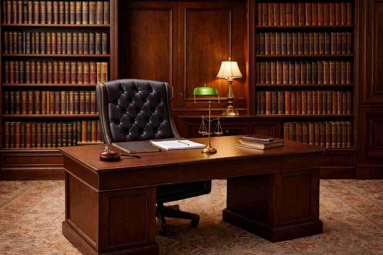 Traditional law office with wooden desk, leather chair, bookshelf walls, and desk lamp