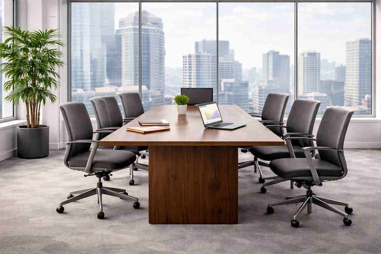 Modern corporate conference room with meeting table, office chairs, and city skyline view