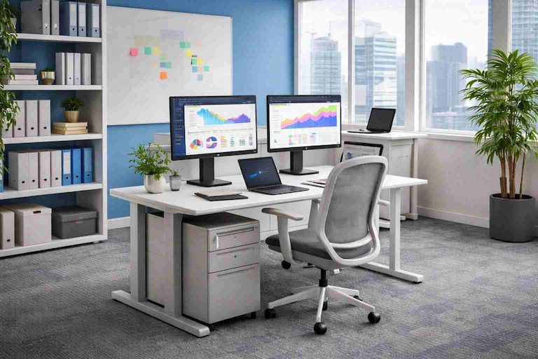Tech office workspace with dual monitors, desk setup, shelving, and large windows