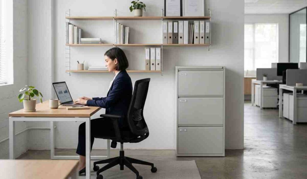 simple office layout featuring a desk, chair, filing cabinet, and shelving unit