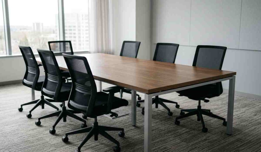 simple corporate meeting table with surrounding office chairs