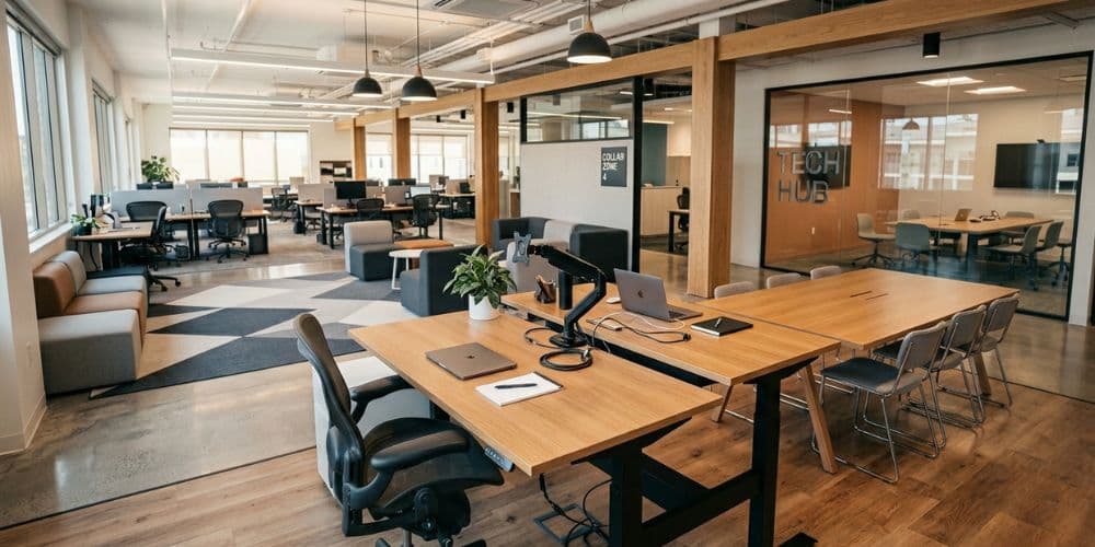 A spacious, modern open-plan office layout featuring wooden desks