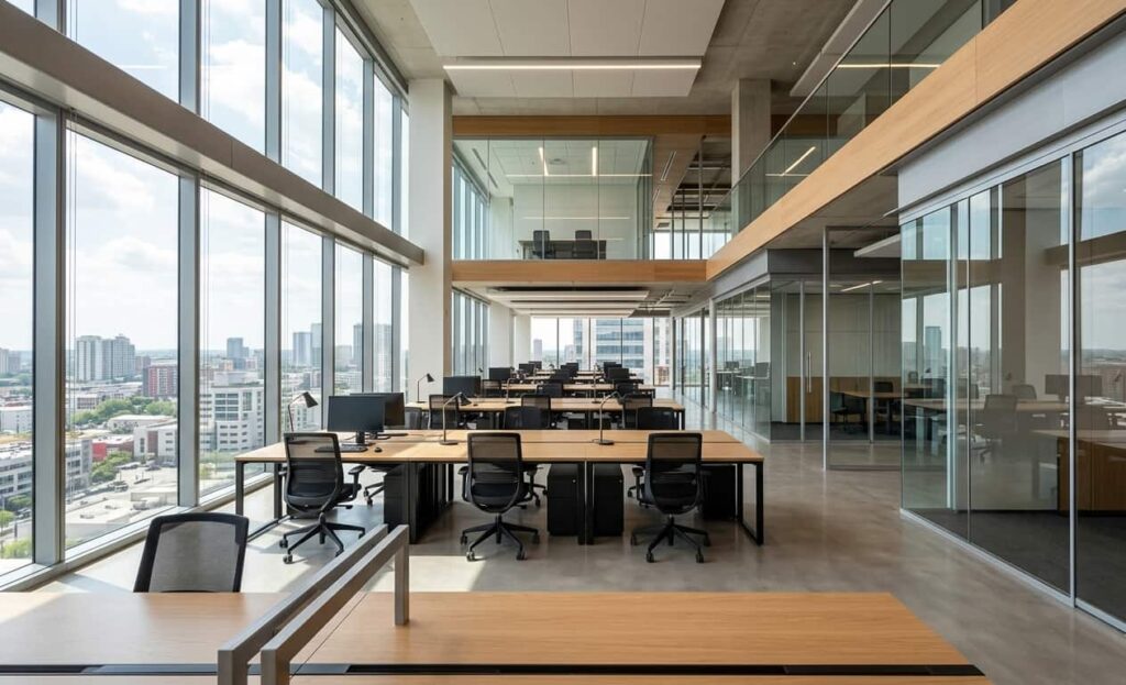 view of a large, modern open-plan office space featuring rows of wooden desks with black ergonomic chairs