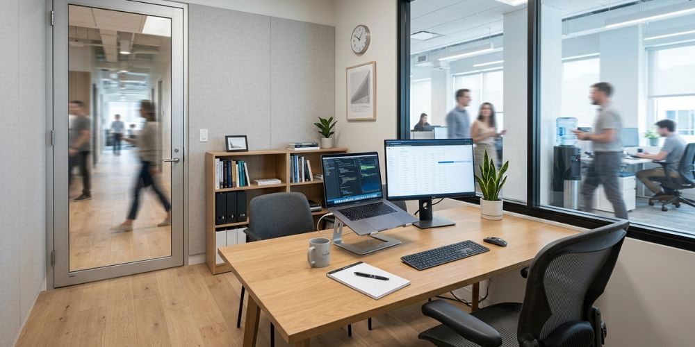 modern workspace featuring a dual-monitor setup with a laptop and desktop computer