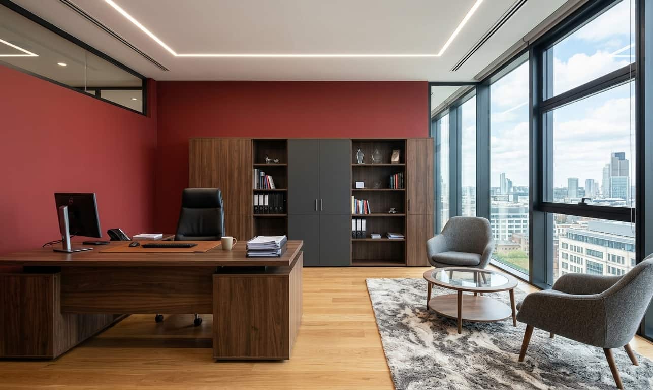 A modern executive office featuring a wooden desk and a dark accent wall