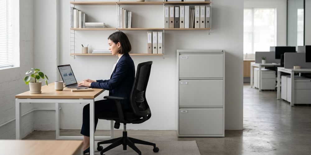 simple office layout featuring a desk, chair, filing cabinet, and shelving unit