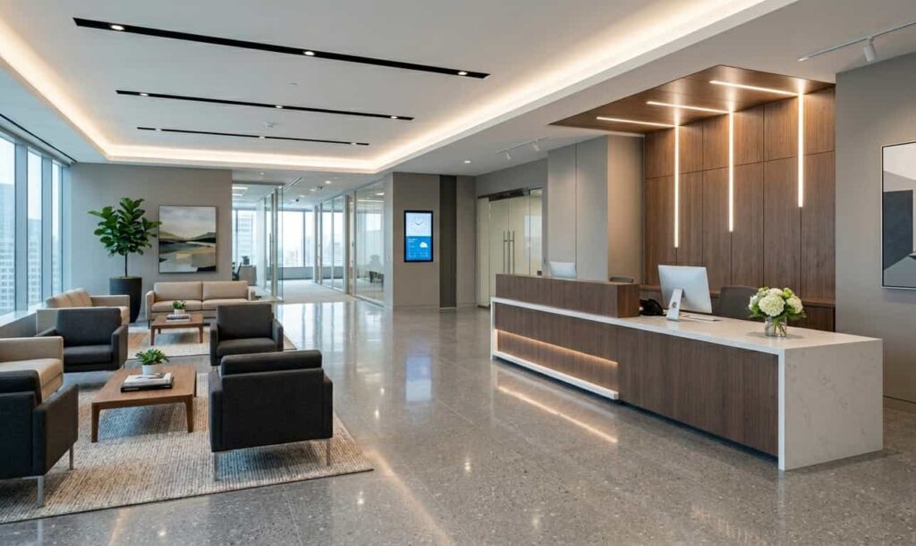 A modern corporate office reception area featuring a long wooden reception desk