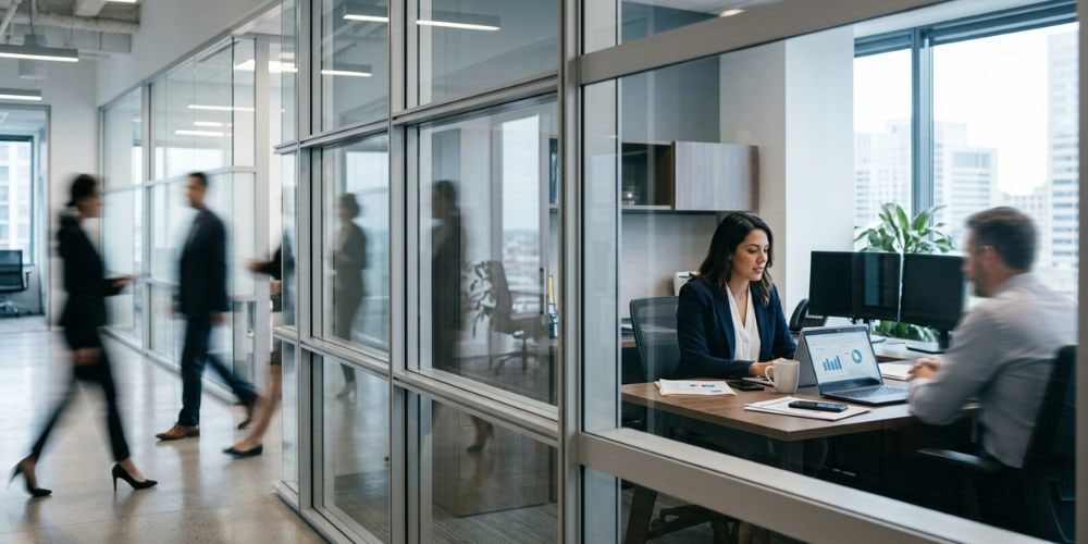professionals working at a desk in a modern corporate office