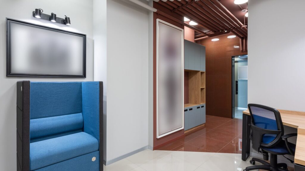Modern office environment with streamlined seating and workspace setup perfect for maximizing productivity.