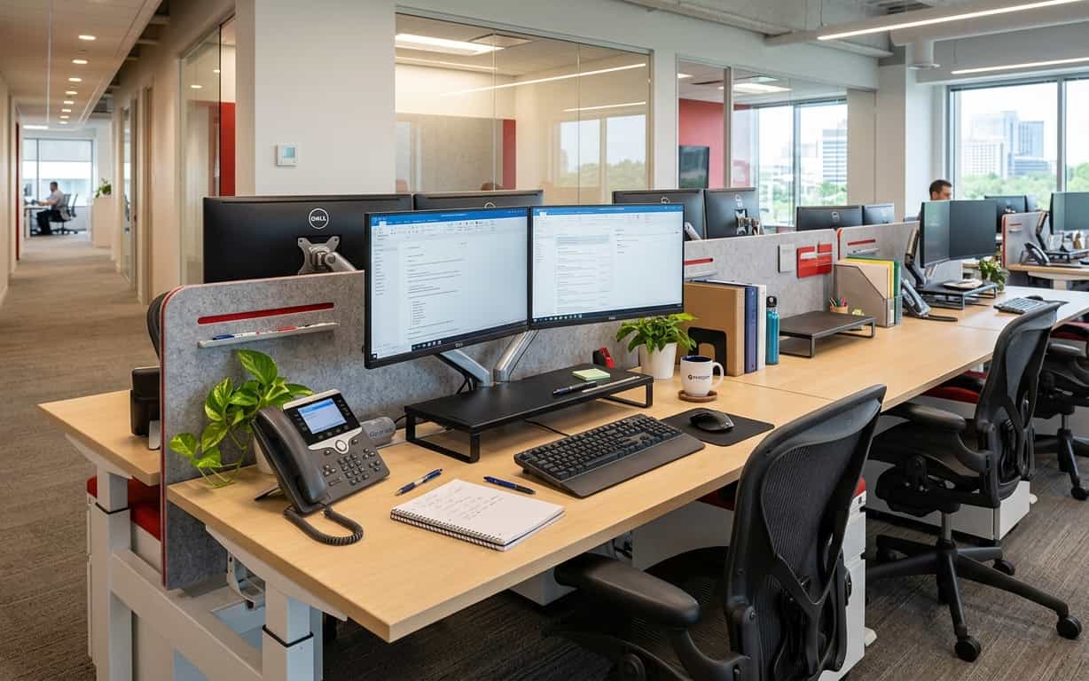 A modern open-plan office workspace featuring long wooden desks with dual-monitor computer setups