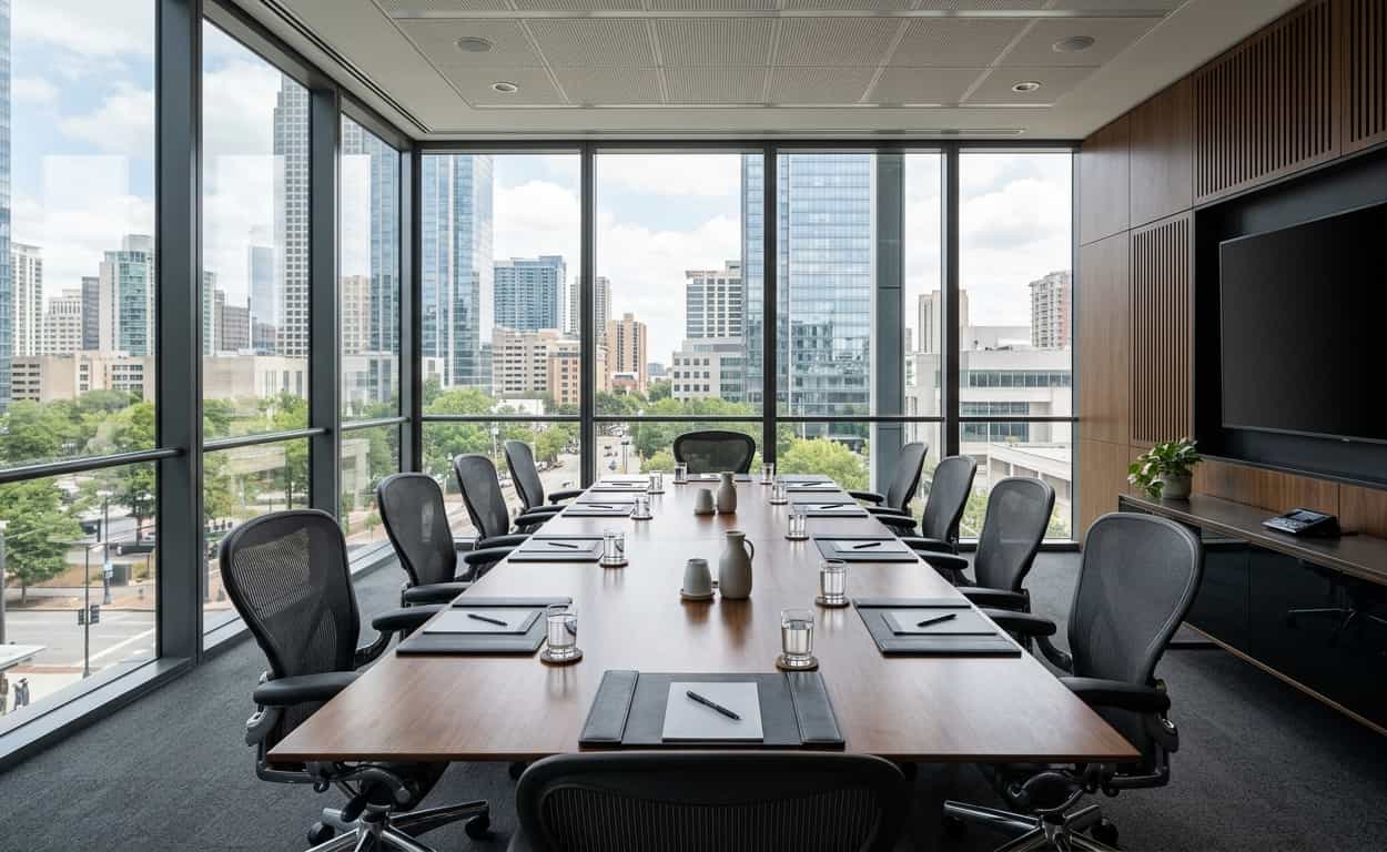 A modern corporate conference room featuring a long wooden boardroom table