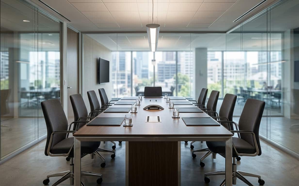 modern conference room featuring a long wooden table