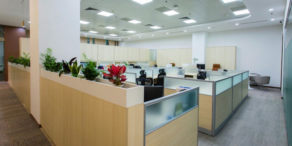 An open-plan office space featuring rows of modern cubicles