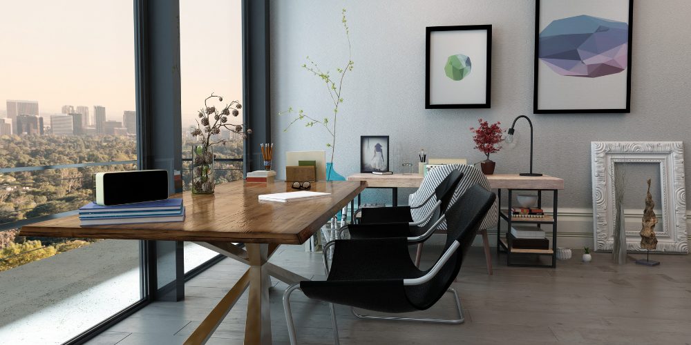 A modern, sunlit home office workspace