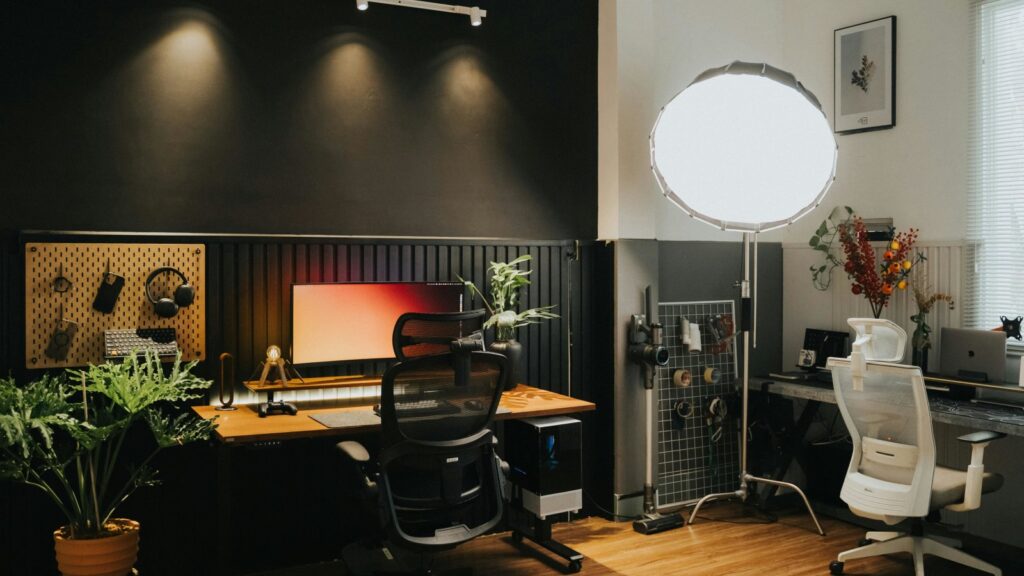 Stylishly designed ergonomic home office setup with ambient lighting