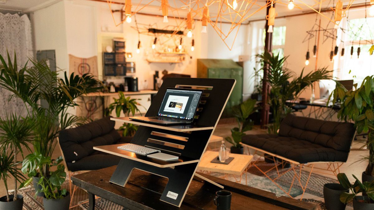 Stylish home office with standing desk, laptop, and plants, showcasing an ergonomic work environment