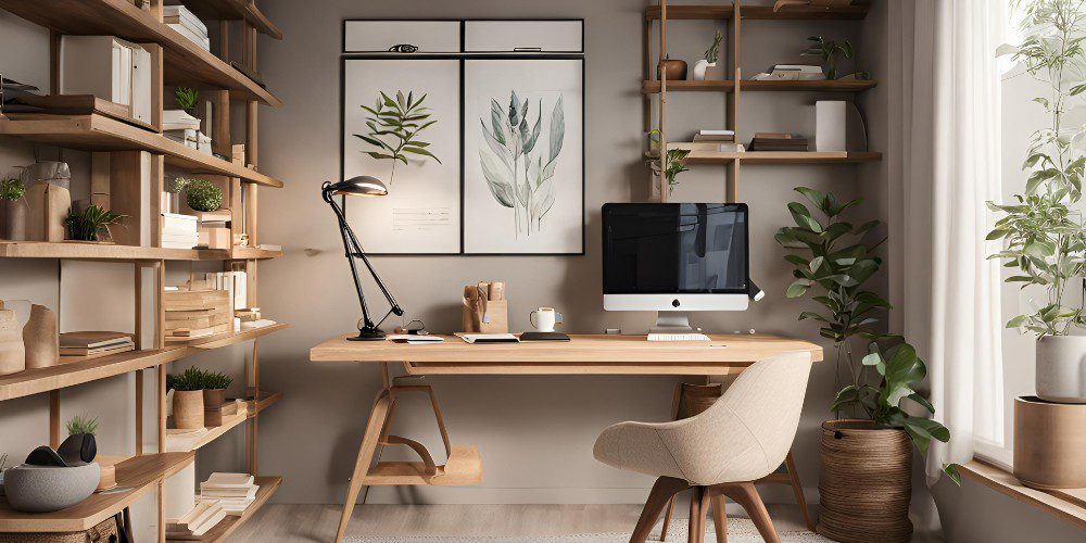A beautifully organized home office workspace featuring a light wood desk