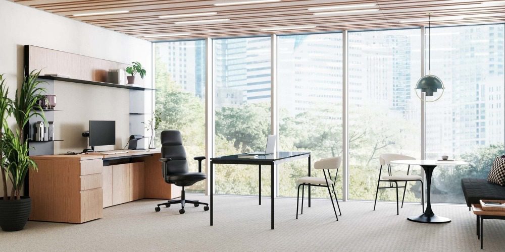 modern executive office with a Herman Miller high-back desk chair