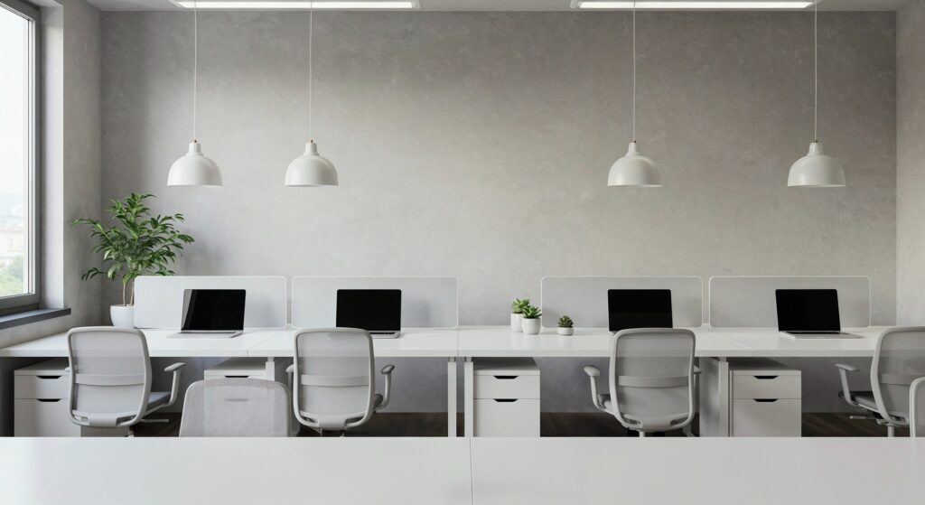 modern open-plan office space with rows of white desks,